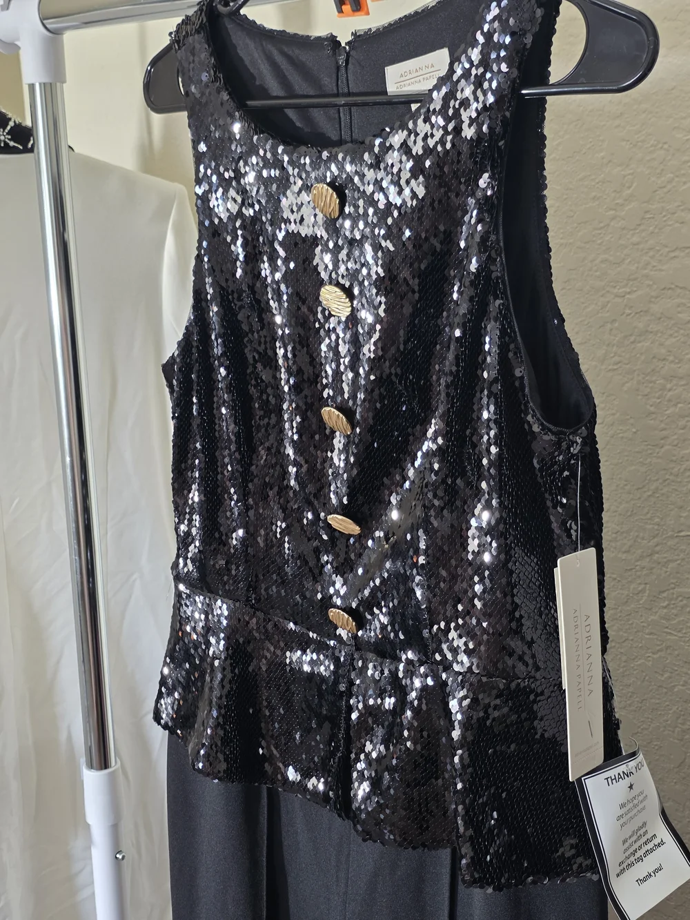 Adrianna Papell Black Sequin Peplum Jumpsuit Gold Buttons CrewNeck CocktailEvent - Picture 9 of 12